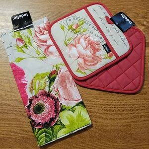 Ladelle Floral Kitchen Set - 2 potholders + one kitchen towel - pinks, greens